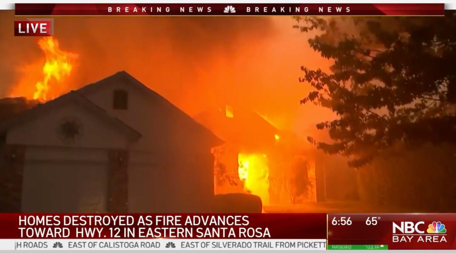 NBC Bay Area breaking-news coverage of a wildfire advancing through Santa Rosa