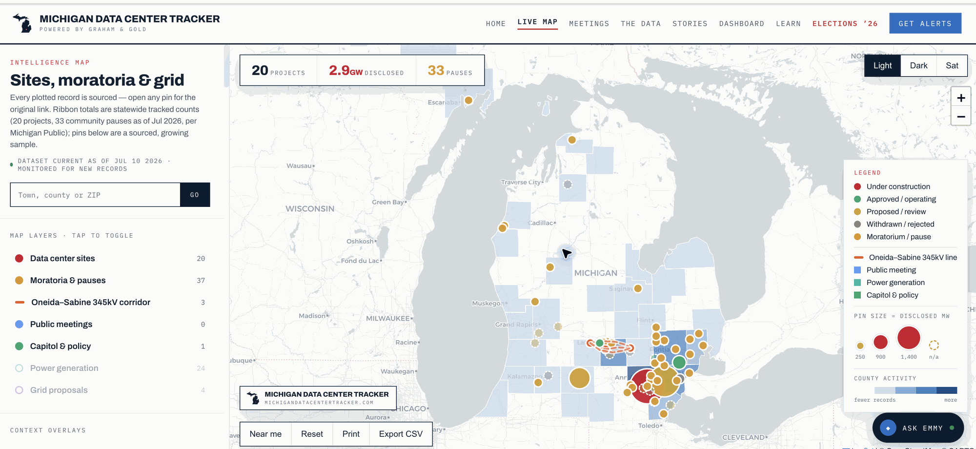The authentic Michigan Data Center Tracker interactive map